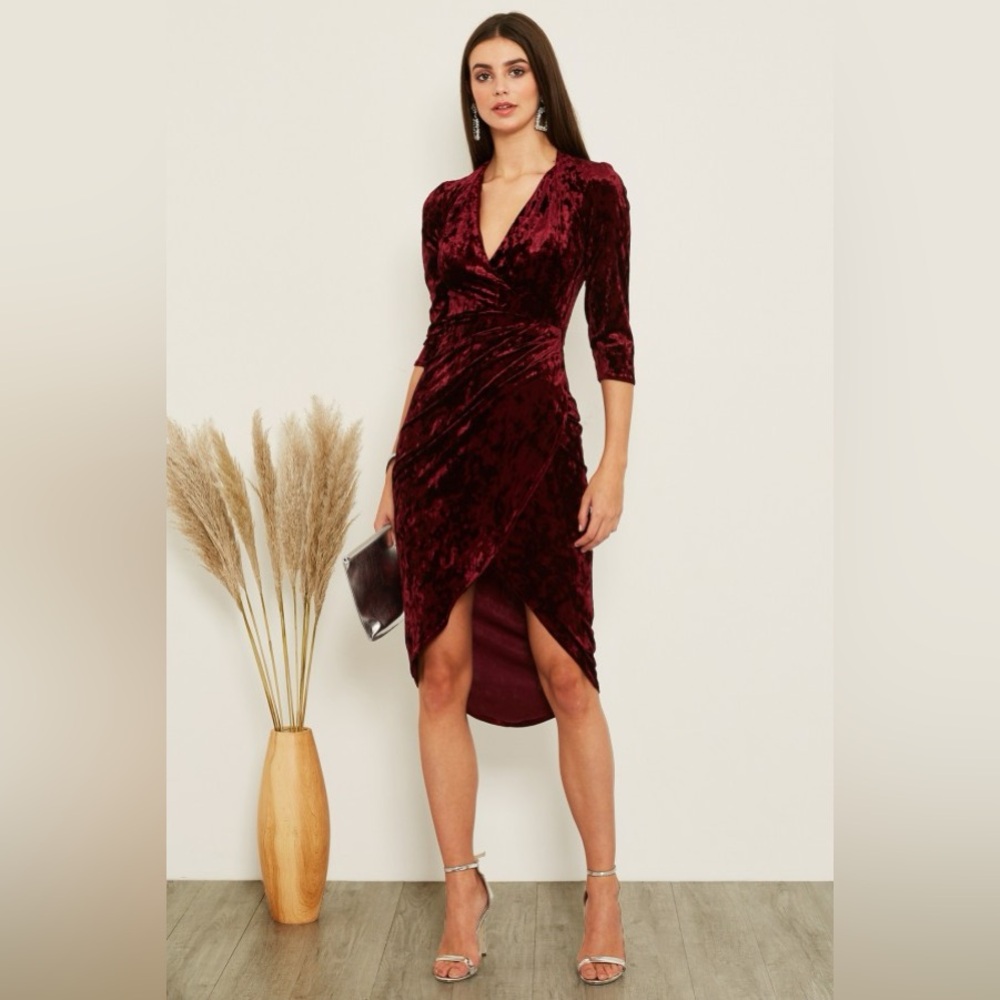 TFNC LONDON JAYDA BURGUNDY VELVET MIDI DRESS, RED/BURGUNDY SIZE 16